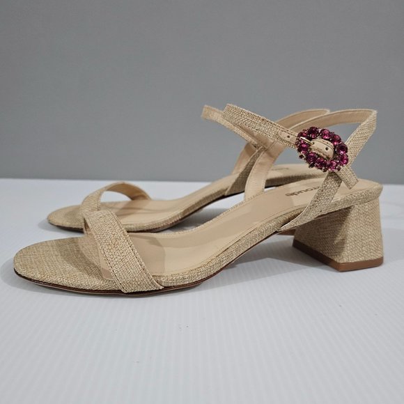 Larroude Shoes - Larroude Selena Raffia Block Heel Sandal Shoe Beige Pink Buckle Size 8.5 NWOT